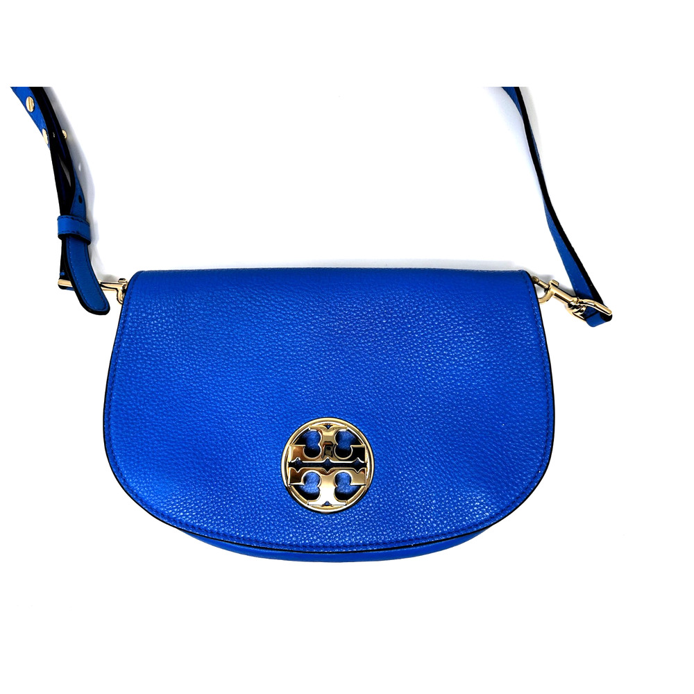 Tory Burch Jamie Logo Flap Clutch Crossbody Bag Blue Pebbled Leather Handbag